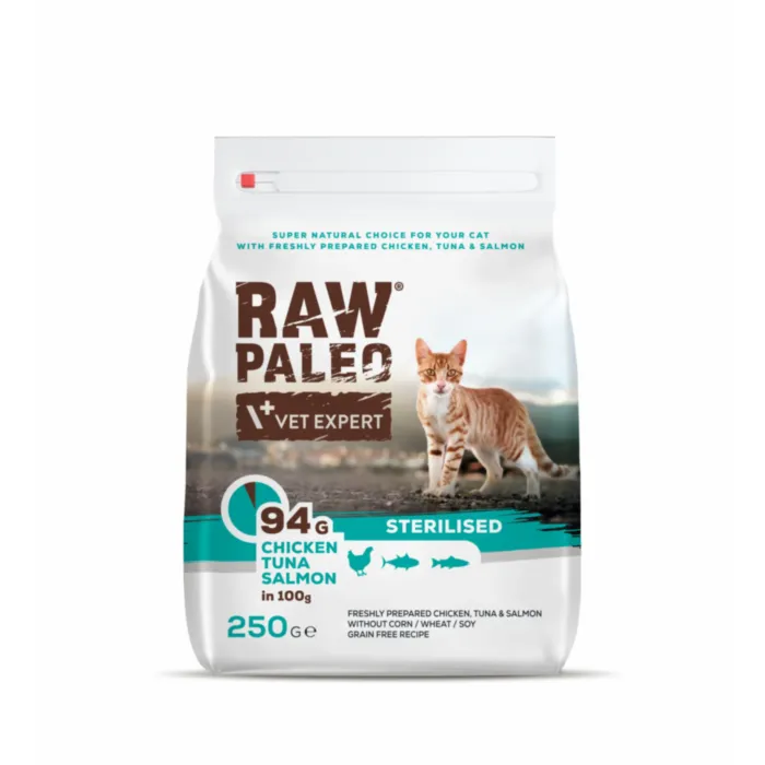 Raw Paleo Cat Sterilised Ckn&Tuna&Salmon 250g produkto nuotrauka 1